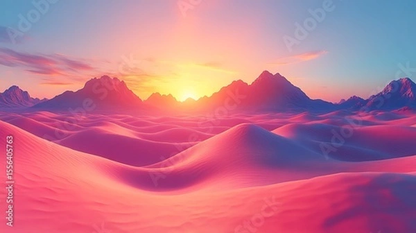 Fototapeta Stunning sunset over vibrant pink desert landscape with majestic mountains and warm glowing sunlight photo