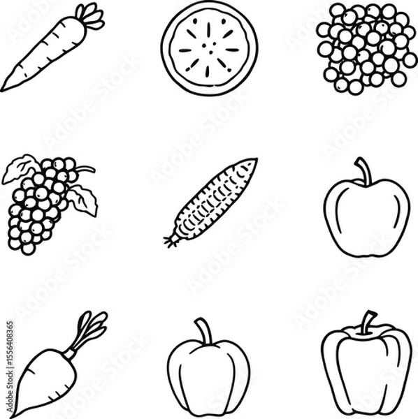 Fototapeta black and white hand-drawn fruit and vegetable icon grid — 9-item food illustration set for culinary and educational themes