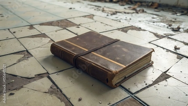Obraz Weathered leather-bound book, spine split open — sitting on cracked tile floor