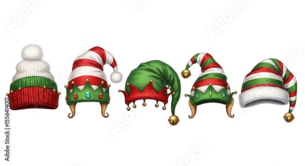 Obraz Festive collection of cartoon elf hats with holiday colors and jingle bells adorn a transparent background, creating a whimsical Christmas theme.