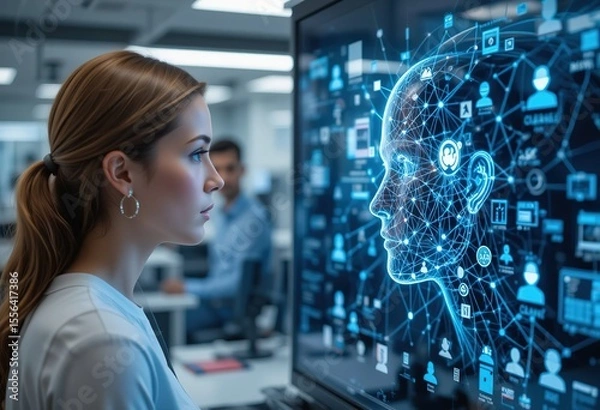 Fototapeta Woman uses AI tech to analyze employee data. Artificial intelligence connects with network points on face. Business team collaboration in office. Modern tech innovation concept, 4k details Resolution 