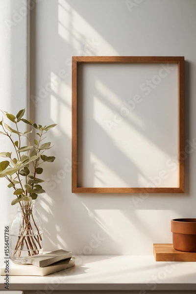 Obraz empty wooden photo frame on white wall. Still life.