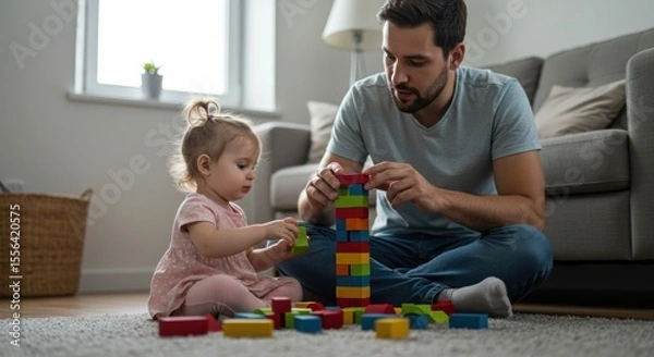 Obraz Authentic and tender moment of a father and daughter playing with wooden blocks at home