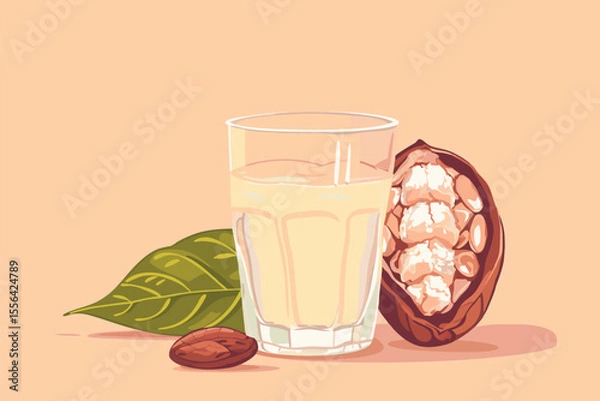 Obraz Vector illustration of cacao water in a glass and half of cacao fruit with palm leaves on a peach backdrop