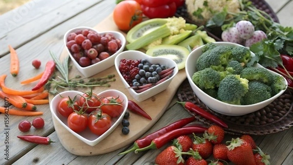 Fototapeta Colorful Organic Fruits and Vegetables,
Healthy Food Assortment on Wooden Table,
Fresh Fruits and Veggies in Heart-Shaped Bowls,
Vibrant Plant-Based Superfoods Display,
background image