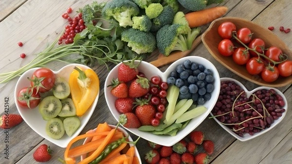 Fototapeta Colorful Organic Fruits and Vegetables,
Healthy Food Assortment on Wooden Table,
Fresh Fruits and Veggies in Heart-Shaped Bowls,
Vibrant Plant-Based Superfoods Display,
background image