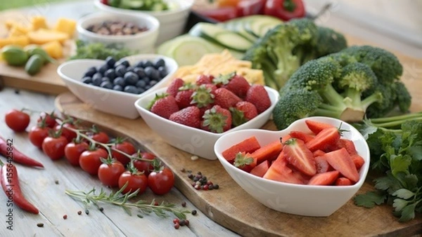 Fototapeta Colorful Organic Fruits and Vegetables,
Healthy Food Assortment on Wooden Table,
Fresh Fruits and Veggies in Heart-Shaped Bowls,
Vibrant Plant-Based Superfoods Display,
background image