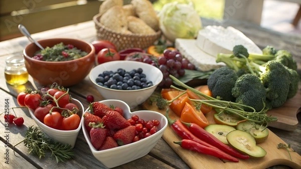 Fototapeta Colorful Organic Fruits and Vegetables,
Healthy Food Assortment on Wooden Table,
Fresh Fruits and Veggies in Heart-Shaped Bowls,
Vibrant Plant-Based Superfoods Display,
background image