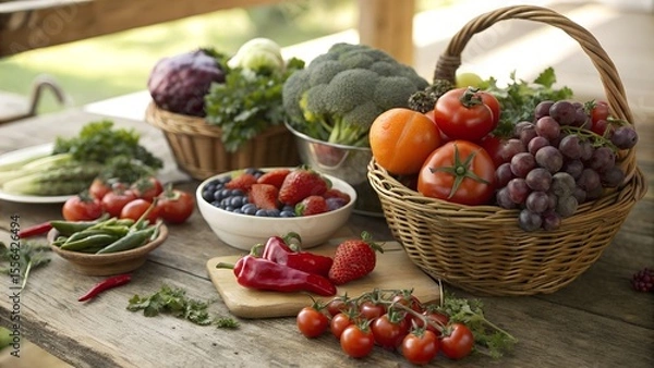 Fototapeta Colorful Organic Fruits and Vegetables,
Healthy Food Assortment on Wooden Table,
Fresh Fruits and Veggies in Heart-Shaped Bowls,
Vibrant Plant-Based Superfoods Display,
background image