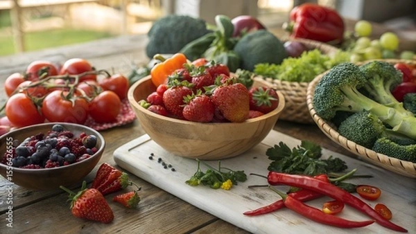 Fototapeta Colorful Organic Fruits and Vegetables,
Healthy Food Assortment on Wooden Table,
Fresh Fruits and Veggies in Heart-Shaped Bowls,
Vibrant Plant-Based Superfoods Display,
background image