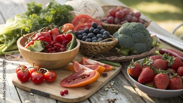 Fototapeta Colorful Organic Fruits and Vegetables,
Healthy Food Assortment on Wooden Table,
Fresh Fruits and Veggies in Heart-Shaped Bowls,
Vibrant Plant-Based Superfoods Display,
background image
