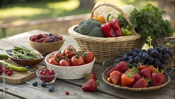 Fototapeta Colorful Organic Fruits and Vegetables,
Healthy Food Assortment on Wooden Table,
Fresh Fruits and Veggies in Heart-Shaped Bowls,
Vibrant Plant-Based Superfoods Display,
background image