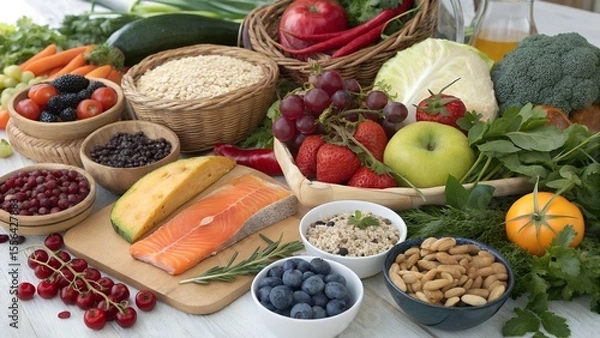 Fototapeta Colorful Organic Fruits and Vegetables,
Healthy Food Assortment on Wooden Table,
Fresh Fruits and Veggies in Heart-Shaped Bowls,
Vibrant Plant-Based Superfoods Display,
background image