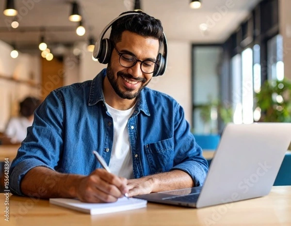 Fototapeta Smiling student wearing headphones taking notes while following online course on laptop