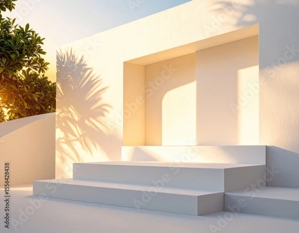 Fototapeta White minimalist architectural podium displaying products with tropical plants and sunset light