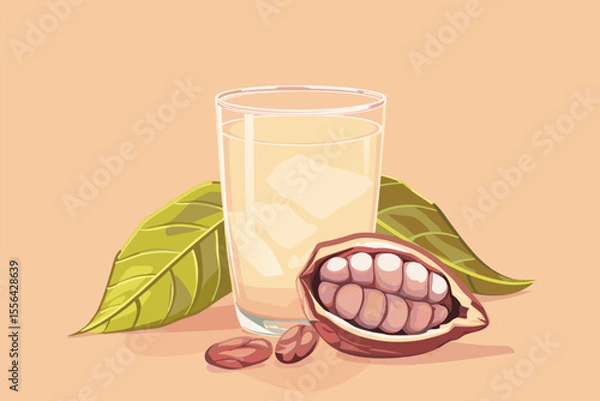 Obraz Vector illustration of cacao water in a glass and half of cacao fruit with palm leaves on a peach backdrop