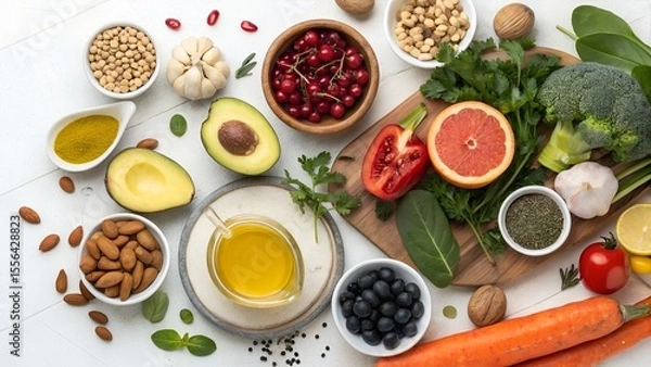 Fototapeta Colorful Organic Fruits and Vegetables,
Healthy Food Assortment on Wooden Table,
Fresh Fruits and Veggies in Heart-Shaped Bowls,
Vibrant Plant-Based Superfoods Display,
background image