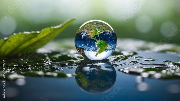 Fototapeta World Reflected in a Crystal Sphere Placed on a Wet Leaf Over Water, Showcasing the Beauty of Earth and Nature's Elements