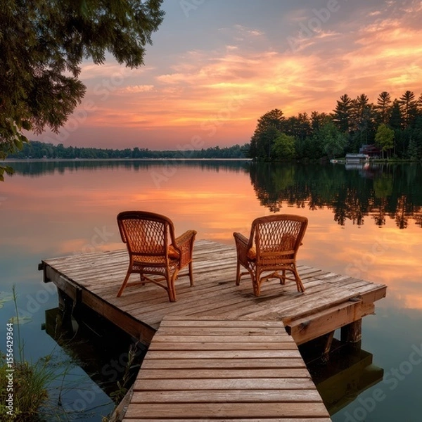 Fototapeta Two wicker chairs sit on a dock facing a serene lake at sunset
