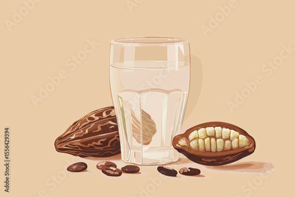 Obraz Vector illustration of cacao water in a glass and half of cacao fruit with palm leaves on a peach backdrop