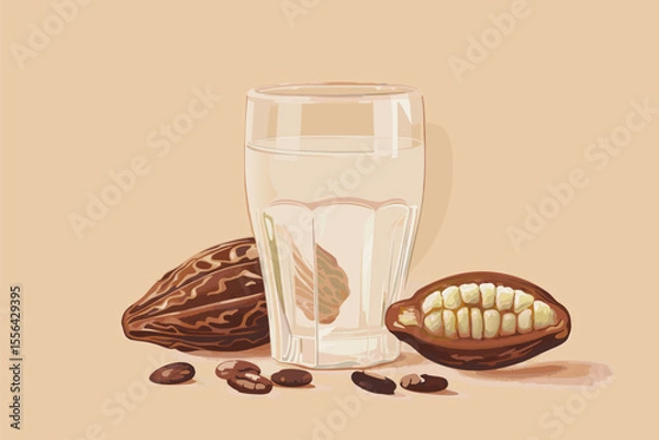 Obraz Vector illustration of cacao water in a glass and half of cacao fruit with palm leaves on a peach backdrop