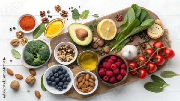 Fototapeta Colorful Organic Fruits and Vegetables,
Healthy Food Assortment on Wooden Table,
Fresh Fruits and Veggies in Heart-Shaped Bowls,
Vibrant Plant-Based Superfoods Display,
background image
