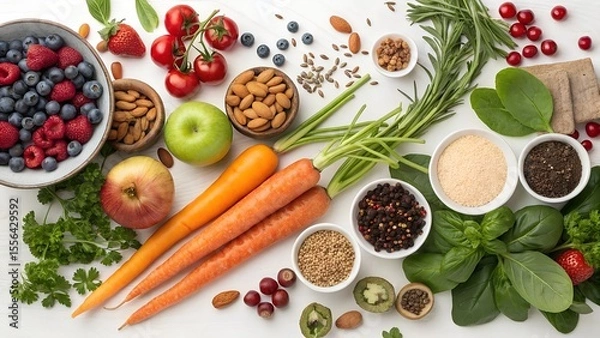 Fototapeta Colorful Organic Fruits and Vegetables,
Healthy Food Assortment on Wooden Table,
Fresh Fruits and Veggies in Heart-Shaped Bowls,
Vibrant Plant-Based Superfoods Display,
background image