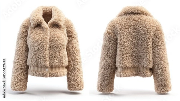 Fototapeta Front and back view of a cropped modern coat, isolated with soft shadows on white, perfect for online retail