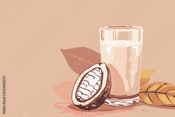 Obraz Vector illustration of cacao water in a glass and half of cacao fruit with palm leaves on a peach backdrop