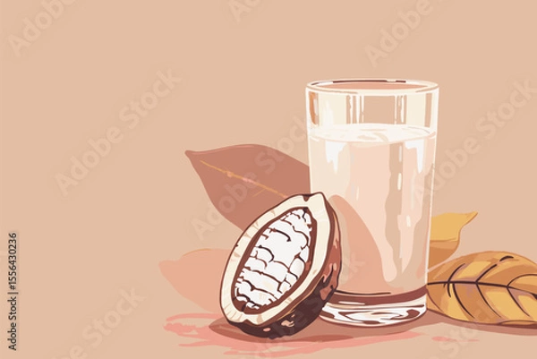 Obraz Vector illustration of cacao water in a glass and half of cacao fruit with palm leaves on a peach backdrop