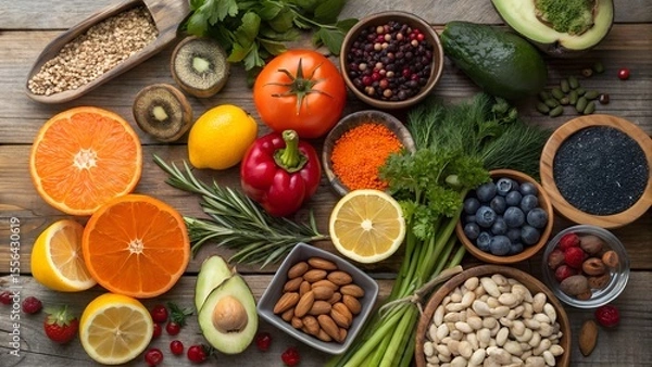 Fototapeta Colorful Organic Fruits and Vegetables,
Healthy Food Assortment on Wooden Table,
Fresh Fruits and Veggies in Heart-Shaped Bowls,
Vibrant Plant-Based Superfoods Display,
background image