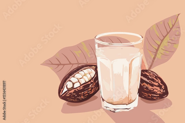 Obraz Vector illustration of cacao water in a glass and half of cacao fruit with palm leaves on a peach backdrop