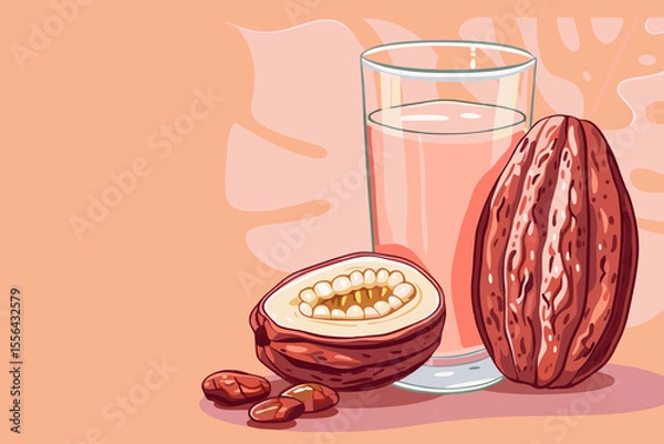 Obraz Vector illustration of cacao water in a glass and half of cacao fruit with palm leaves on a peach backdrop