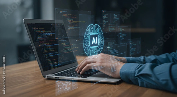 Obraz Developer coding artificial intelligence algorithms on a laptop with glowing brain graphic