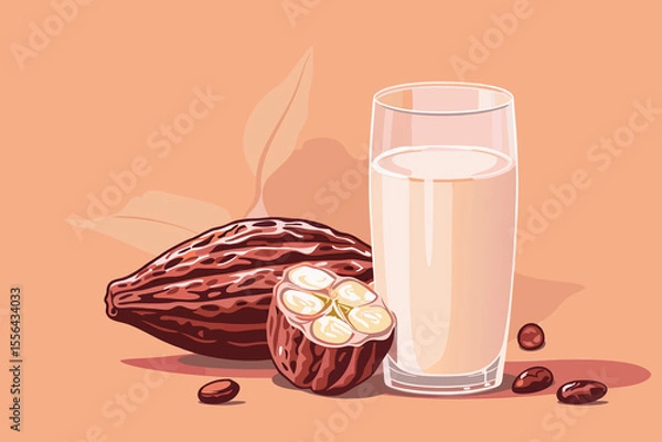 Obraz Vector illustration of cacao water in a glass and half of cacao fruit with palm leaves on a peach backdrop
