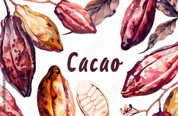 Obraz Vector illustration of cacao fruit and leaves on white background and lettering cacao