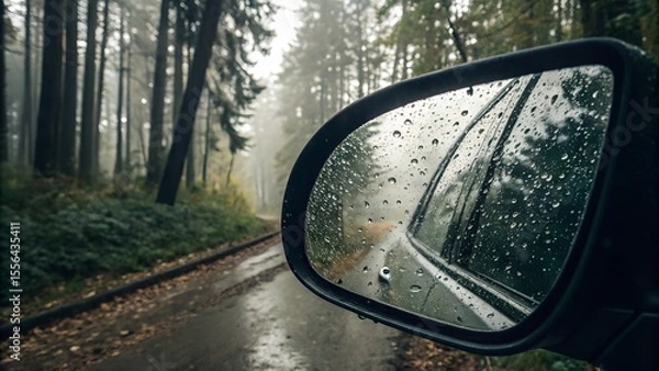 Obraz Side mirror of a car covered in raindrops — distorted reflection of forest