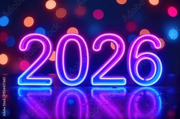 Fototapeta A neon sign with the date 2026 displayed on a table, useful for event or calendar themed projects..New Year 2026.