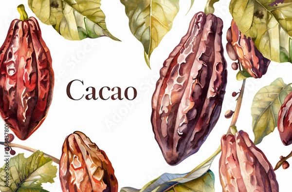Obraz Vector illustration of cacao fruit and leaves on white background and lettering cacao