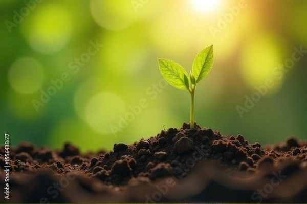 Fototapeta A small plant emerging from a pile of soil, symbolizing new life and growth..New Year 2026.