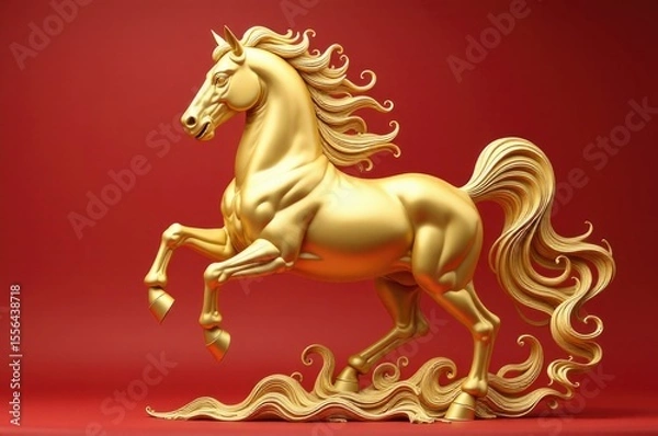 Fototapeta A golden statue of a horse against a bright red backdrop..New Year 2026.