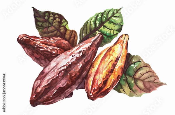 Obraz Vector illustration of cacao fruit and leaves on white background 