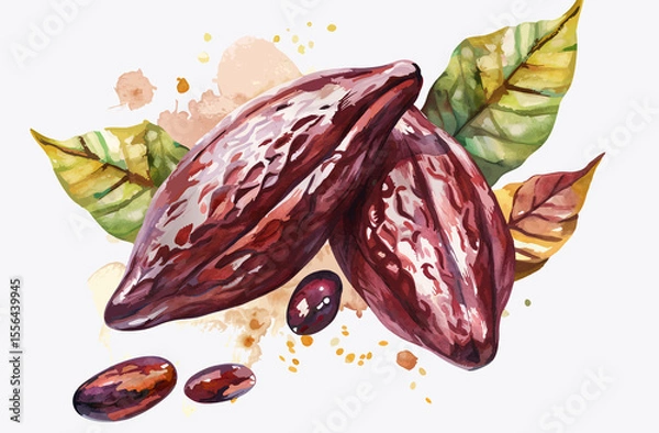 Obraz Vector illustration of cacao fruit and leaves on white background 
