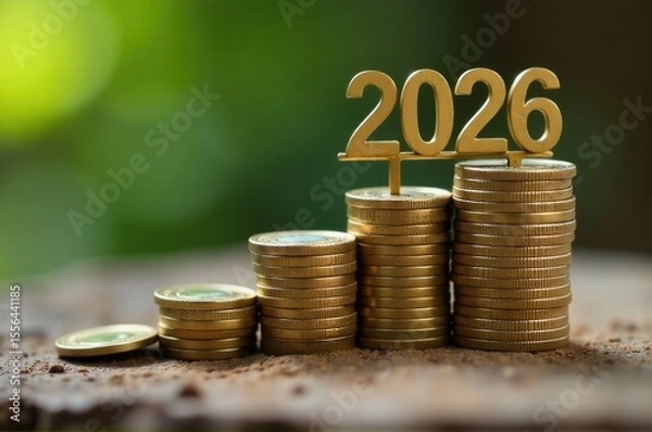 Fototapeta A pile of coins with the number 202 on top, often used in financial or monetary contexts..New Year 2026.
