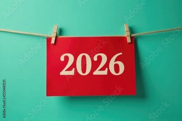 Fototapeta A red flag hanging from a clothesline, alerting of potential danger or caution..New Year 2026.