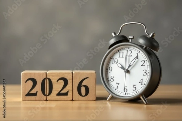 Fototapeta A simple image of an alarm clock sitting next to a block with the year written..New Year 2026.