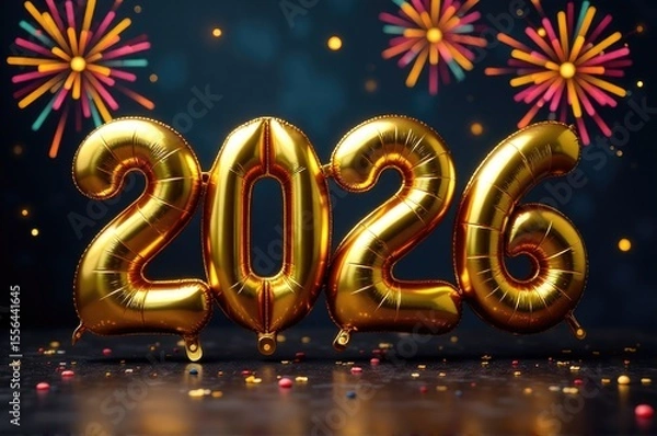 Fototapeta Colorful balloons floating in mid-air against a vibrant fireworks display..New Year 2026.