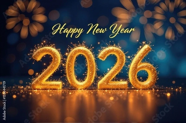 Fototapeta Fireworks exploding in the night sky celebrating the start of a new year..New Year 2026.
