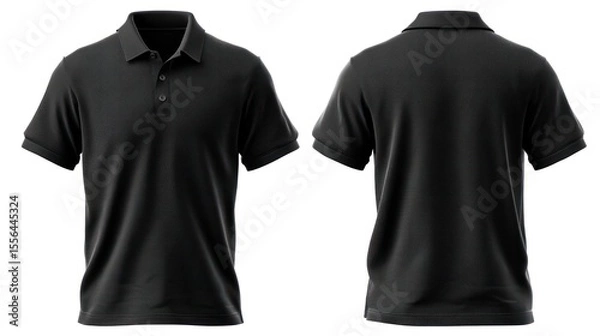 Fototapeta Isolated image of a black polo T-shirt, front and rear perspectives shown side-by-side on a transparent background