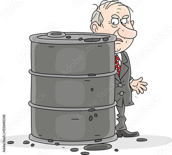 Obraz Worried businessman hiding behind a barrel of gasoline and hopping for higher oil prices, vector cartoon illustration on a white background